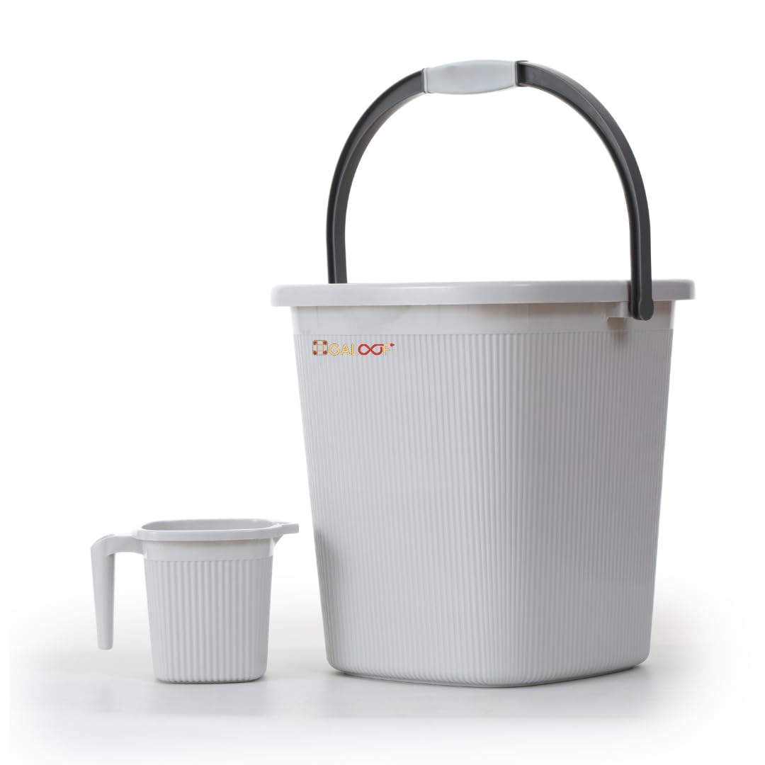 GALOOF Strong Plastic Bucket Mug Bathroom Set of 2 for Kitchen & Bathroom | Solid Color Striped Pattern Balti with Mug (Light Grey, 25 Liter Bucket + 1.5 Liter Mug) (B0C1K1TPQK) Amazon Price History, Amazon Price Tracker