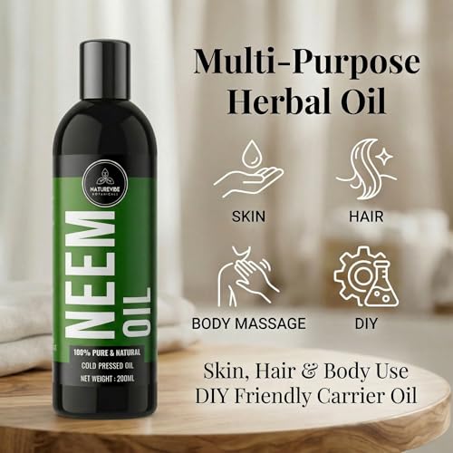 Image of Neem Oil 200ml by Naturevibe Botanicals 100% Pure Cold Pressed Neem for Skin, Hair & Scalp Care | Natural Body Massage Carrier Oil | Oily & Dry Skin | Suitable for Face & Hair Care