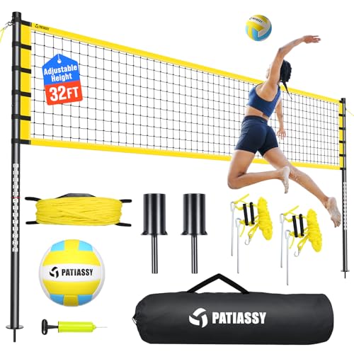 Patiassy Outdoor Portable Volleyball Net Set System - Quick & Easy Setup Adjustable Height Steel Poles, PU Volleyball with Pump and Carrying Bag for Beach Backyard (Yellow)