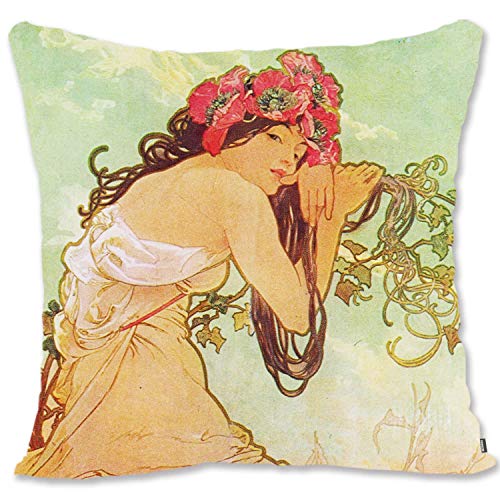 BONNIU Funda Decorativa Cojín con Cremallera 40X40 cm Funda Almohada Terciopelo Retrato Mujer Vintage Art - Mucha - Verano 1896 AL012 Cover