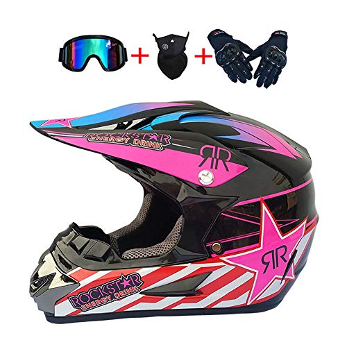 LEENY Cascos de Motocross, Cascos de Cross de Moto Adulto Motorcycle Sports Off-Road DH Enduro Cascos de Motocicleta Sets con Gafas, Máscara, Guantes,Rosado,XL