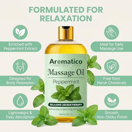 Image of AROMATICO Peppermint Massage Oil - Muscle Relaxing Oil with Cooling & Refreshing Feel, with Jojoba & Almond Oils - 300ml