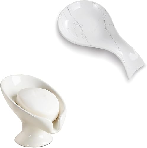 Jabonera y soporte para cuchara, jabonera autodrenante en forma de hoja, soporte de cuchara de cerámica para cocina, soporte para cuchara para