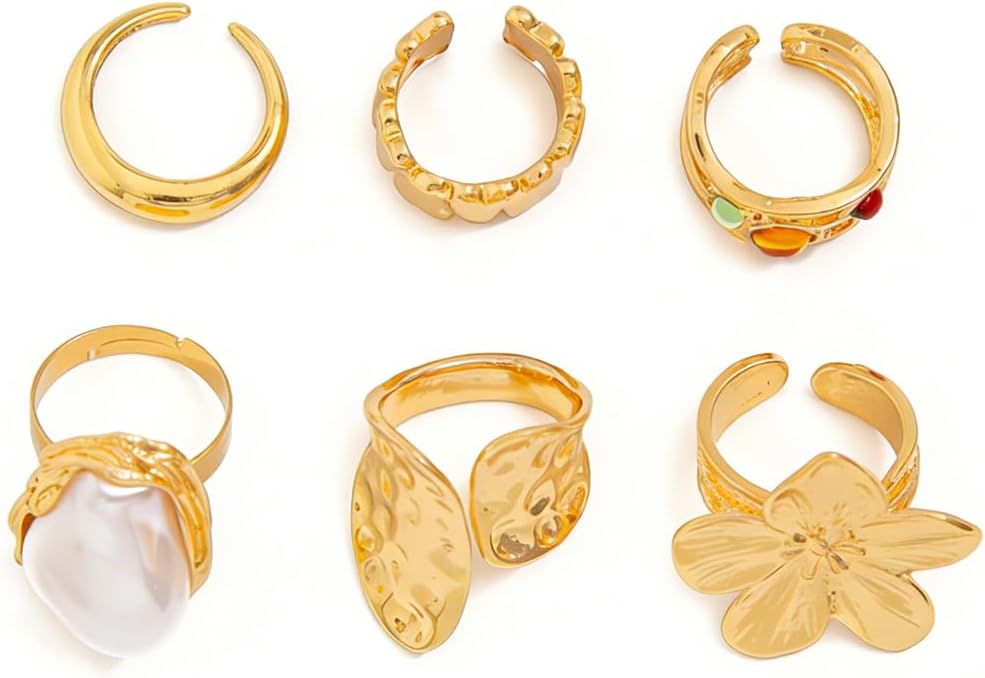 8PCS Gold Stackable Rings Set for Women Non Tarnish Chunky Rings Knuckle Joint Finger Knuckle Nail Ring Sets Adjustable Open Ring Cute Trendy Stuff Jewelry for Gift