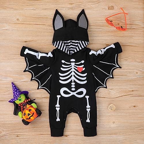 imKutie Baby Halloween Outfits, Cute Newborns Boys Girls First Halloween Clothes Skeleton Bat Romper Long Sleeve Cotton Jumpsuit with Hat for 0-24 Months - Image 2