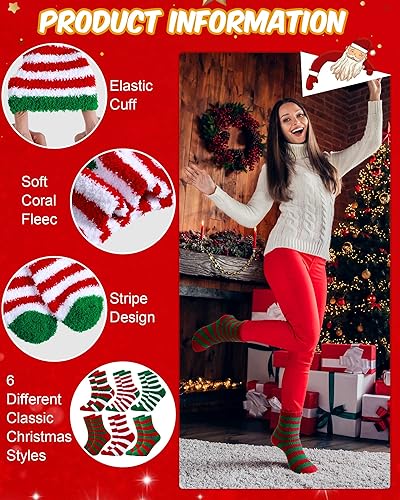 Hercicy 12 Pairs Christmas Fuzzy Socks for Women Striped Cozy Plush Slipper Socks Fluffy Socks Warm Soft Sleeping Socks for Winter Holiday Indoor Home2