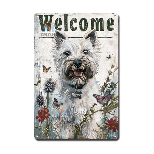Ymyoo Decorative Tin Sign Vintage Wall Art West Highland White Terrier Welcome Scottish Thistle for Home Offices Library Rooms and Traditional Interiors Waterproof Rustproof Aluminum 8×12 Inches