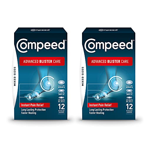 Compeed Advanced Blister Care Hydrocolloid Bandage Cushions 12 Ct Mixed Sizes Pads (2 Packs) Heel & Foot Blister Patches, Blister Prevention & Treatment Help, Waterproof, Packaging May Vary