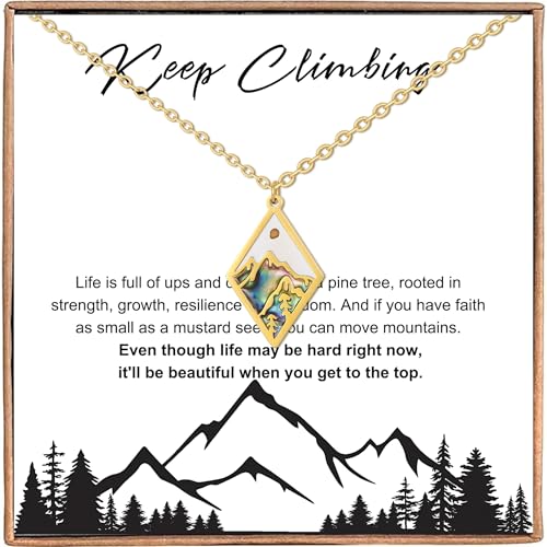 Haoze Inspirational Gifts for Women Mountain Necklace Pine Tree Necklace Mustard Seed Jewelry Gifts for Hikers, Campers, Climbers and Nature Lovers (Gold Mountain)