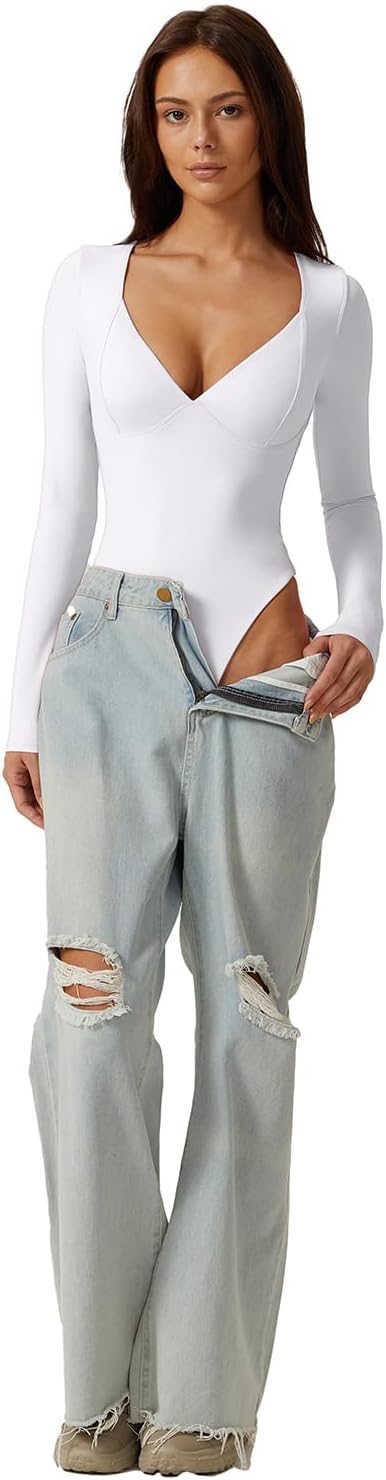 QINSEN Women's Long Sleeve Bodysuit V Neck Body Suits Seamed Cup Going Out Tops Shirt - Image 4