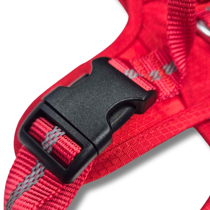 Lalazoo Adventure Hundegeschirr Typ Guard – No-Pull verstellbar gepolstert & reflektierend mit Griff Zwei Leinenbefestigungen & Tasche wasserabweisend für kleine mittelgroße & große Hunde – Rot, M