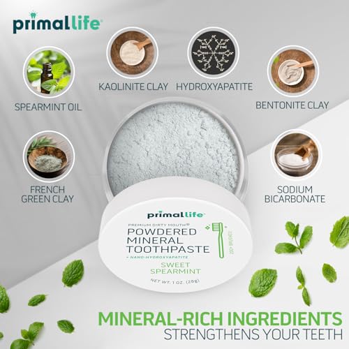 Image of Primal Life Organics - Dirty Mouth Toothpowder, Tooth Cleaning Powder, Flavored Essential Oils with Natural Kaolin & Bentonite Clay, Good for 200+ Brushings, Organic, Vegan (Sweet Spearmint, 1 oz)