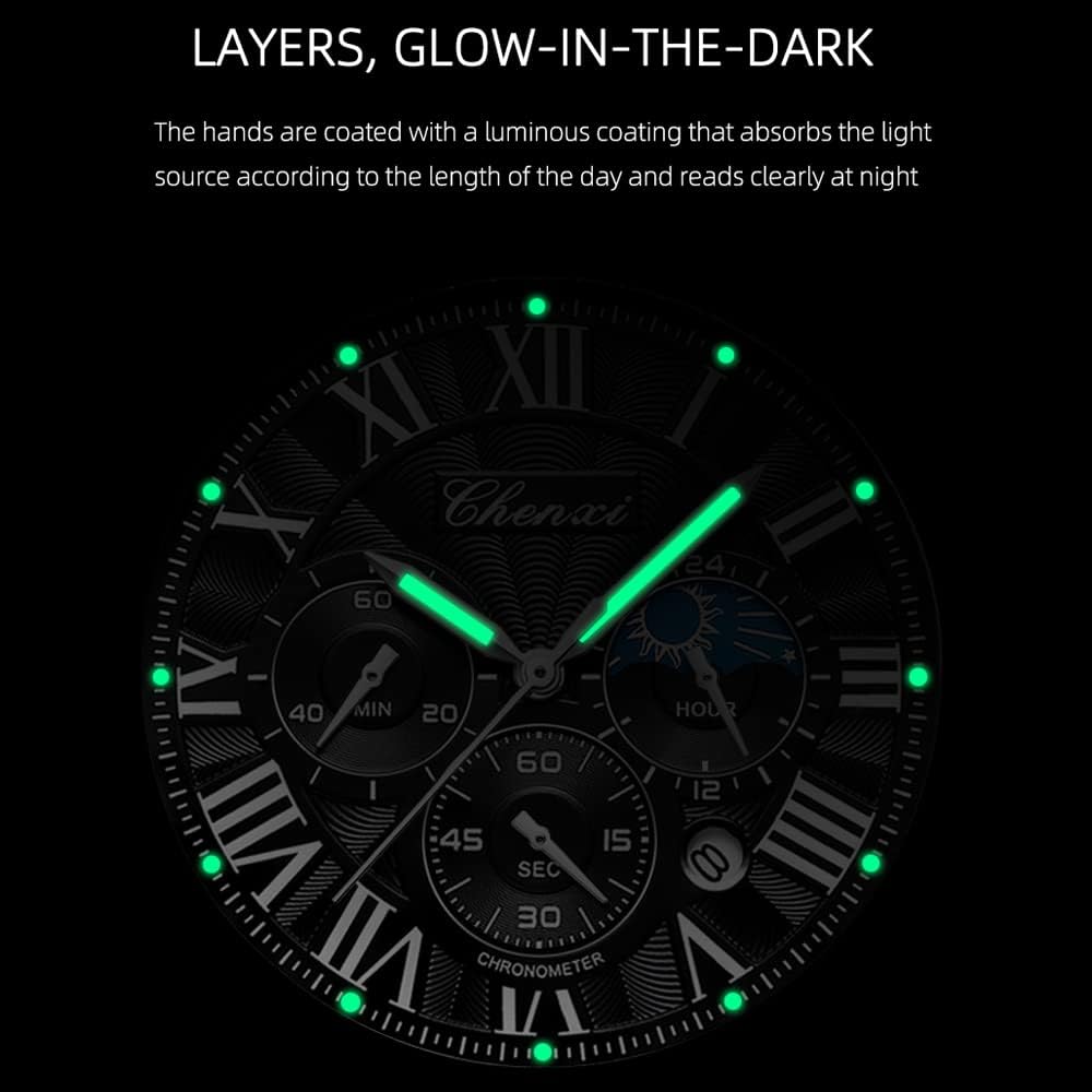 Tiong Men's Business Chronograph Watch - Stainless Steel Band, Moon Phase & Six-Hand - Waterproof, Luminous Date Display Quartz Wristwatch - Image 5