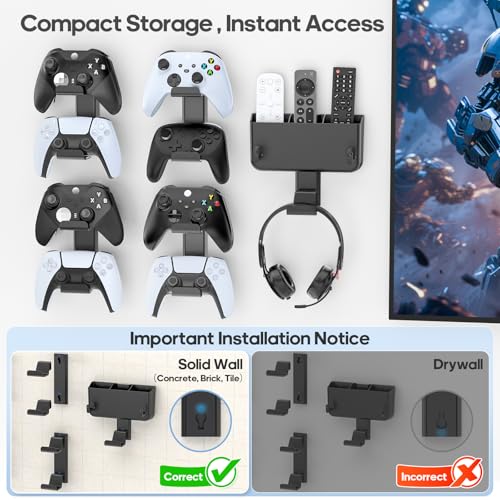 Image of Controller & Headset & Remote Holder Wall Mount with No Drill, 4 Packs Gaming 8 Controllers Hanger Hook Mount for PS5 /PS4 /XBOX /Switch, Headphone Stand & Remote Control Holer Wall Shelf with Adhesives