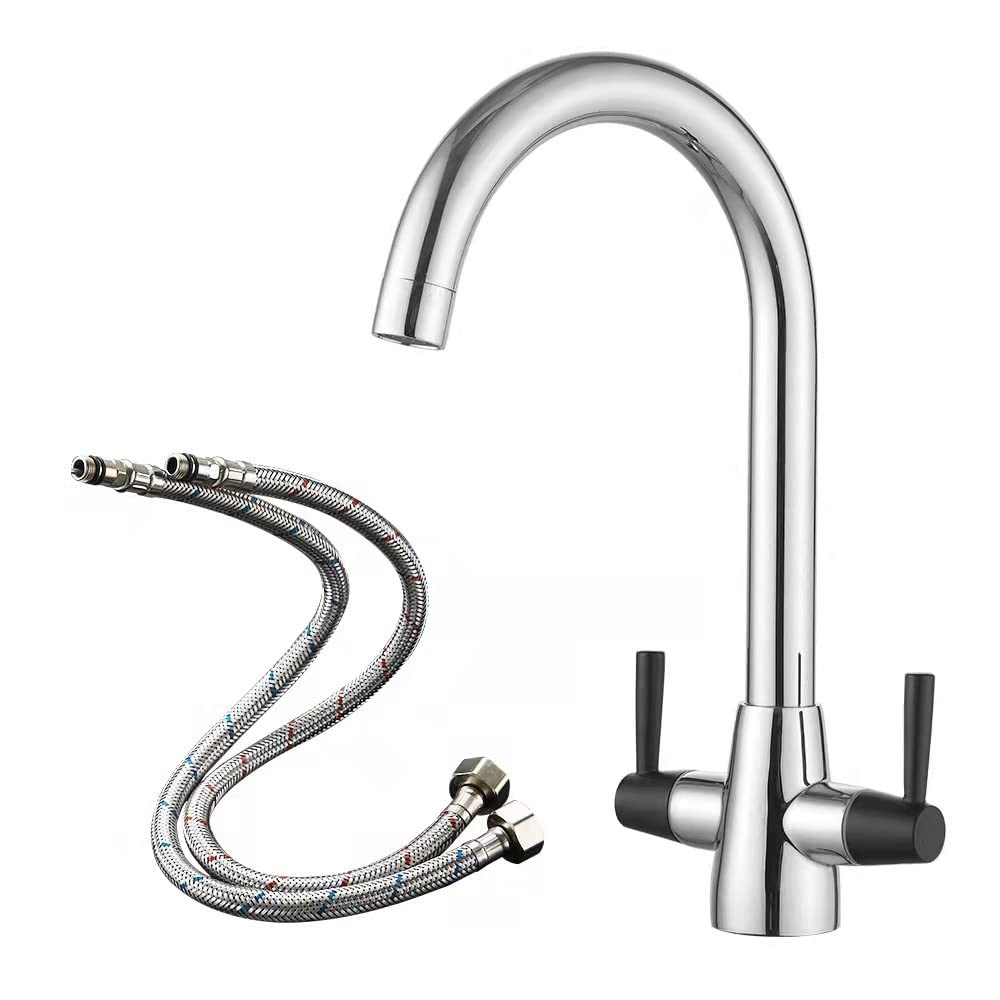 HCFYAUIS Kitchen Mixer Tap Black Dual Lever Swivel Spout Chrome Sink Taps with UK Standard Fittings