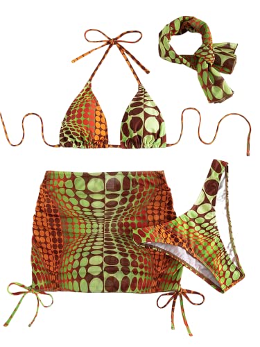 GORGLITTER Women's 4 Piece Swimsuits Tie Side Triangle Bikini with Mesh Beach Skirt & Bandana