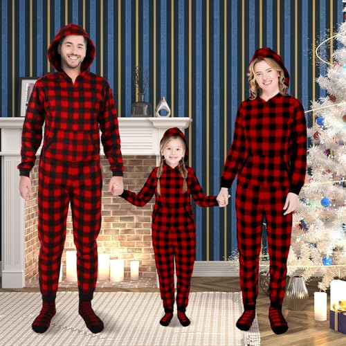 Christmas Matching Family Pajamas Sets Buffalo Plaid Couple Hoodie Zipper Jumpsuit with Pockets and Sock4