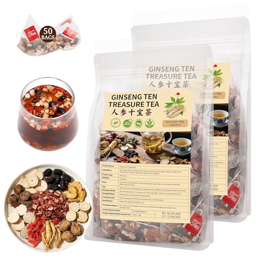 50Pcs Ginseng Ten Treasures Tea, Kidney Tea Formula Ginseng Six Treasure Teas, Natural Kidney Cleanse Detox Teas for Women & Men, 10 Precious Ingredients Formula(50Bags, 300g)