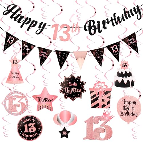 Image of 13th Birthday Decorations for Girls Rose Gold Pre Assembled Birthday Decoration Set Happy 13th Birthday Banner 13 Year Old Girl Birthday Party Supplies