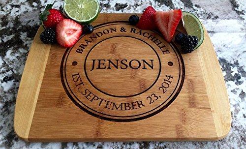Personalized Gifts Couples Cutting Board (8.5 x 11 Two Tone Bamboo with Curved Edges, Jenson) - Small Wood Cutting Board, Bridal Shower, Housewarming, and Wedding Gifts, Valentines Day Gift for Mom