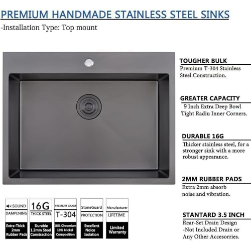Image of 28 x 20 Inch Drop in Black Kitchen Sink, Gunmetal Black Top Mount Stainless Steel 9 Inch Deep Single Bowl Laundry Utility Wet Prep Sink