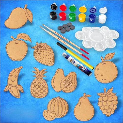 Image of PICRAZEE DIY Kit for Kids & Adults - Fruit Fridge Magnet Painting Kit (10 Designs) | Ready-to-Paint 5.5 mm Thick Wooden DIY Craft Kit with Colors, Brushes & Magnets | Screen-Free Activity (Fruits)