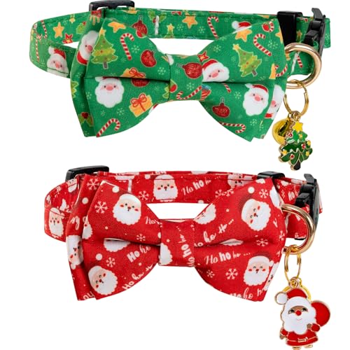 PREHAI Christmas Cat Collar with Cute Bow Tie Bell 2Pack Red Green Santa Claus Breakaway Collar for Male Female Soft Christmas Kitty Kitten Cute Cat Collars Ideal for Girl Cats Boy Male Cats