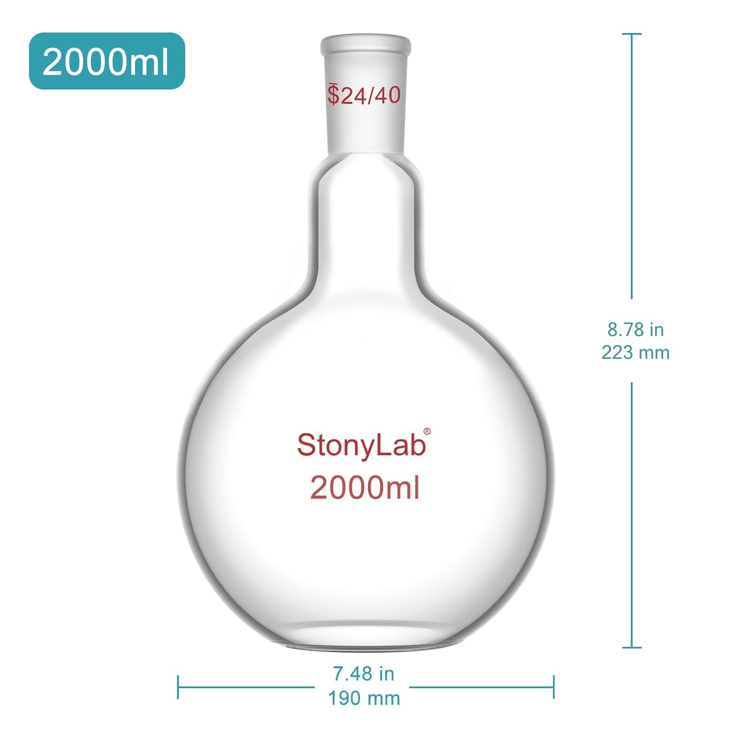 Frasco de Ebullición Inferior Plano de Vidrio de Borosilicato 2000ml con Junta Exterior Cónica 24/40