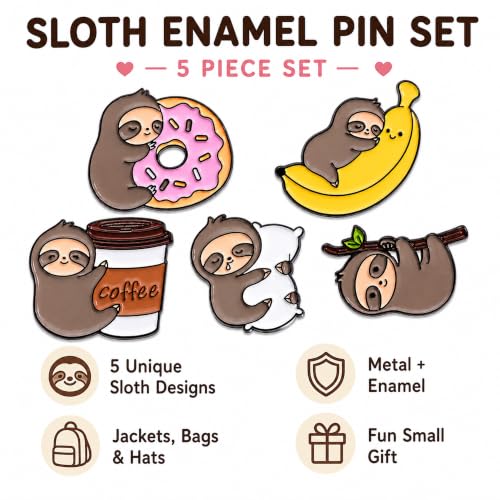 Image of 5Pcs Cute Coffee Cat Sloth Enamel Pin Set Cartoon Animal Coffee Cup Brooch Badges, Funny Lapel Pins for Backpacks, Jackets, Bags, Coffee Lover Gift