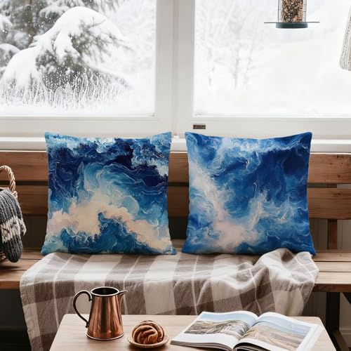 Lin taie d'oreiller 45 x 45 de qualité supérieure bleu blanc