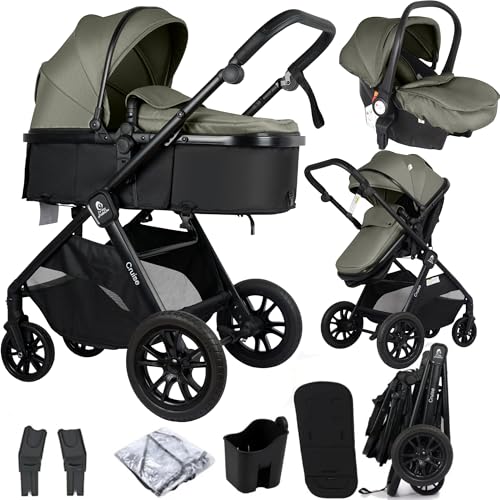 For Your Little One Cruise 3-in-1 Travel System with i-Size Car Seat Stroller 13kg Pram Height Adjustable Handle Pram Newborn 0-4 Years Free Raincover and Cupholder (Pebble Sage)
