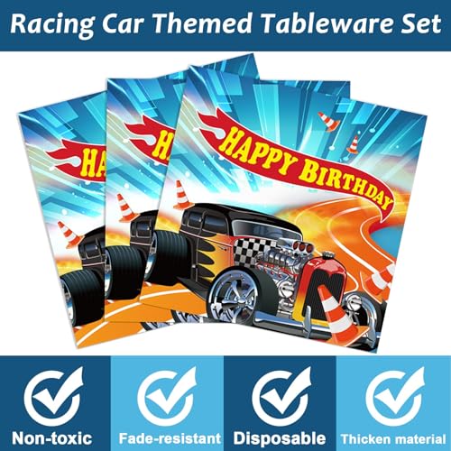 98 Pieces Racing Car Party Decorations Hot Car Tableware Set Racing Car Plates Napkins Tablecloth Party Supplies Kit for Kids Boys Racing Birthday Table Cover Dinnerware Party Favors 24 Guests - Thumbnail 4