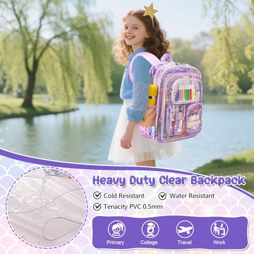 Image of Mermaid Clear Backpack for Girls, 17 Inch Heavy Duty Transparent School Bookbag for Kids with Pencil Case & Cute Accessories