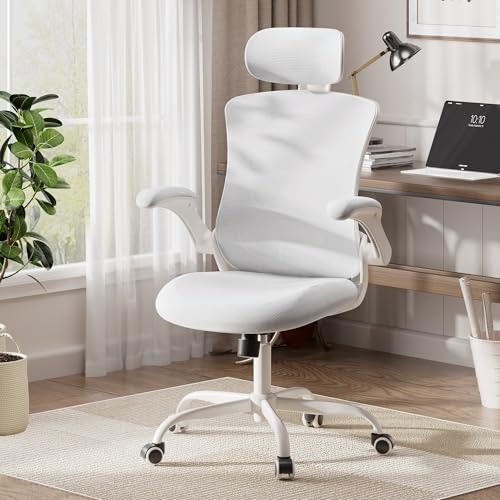 COLAMY Ergonomic Office Chair with Lumbar Support Mesh Desk Chair with Adjustable Headrest Computer Chair with Flip-up Armrest Adjustable Seat Height and Tilt Function for Home Office Study White