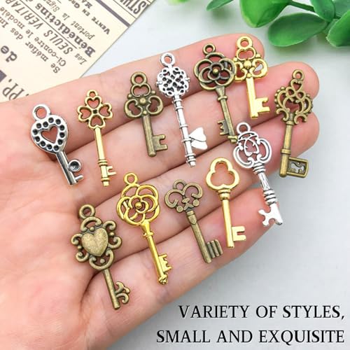 LUFFLOK 62 Stück Vintage Schlüssel Charms, Anhänger Set, Gemischte Glatte Charms für DIY Basteln Party Raum Dekor, Silber & Gold