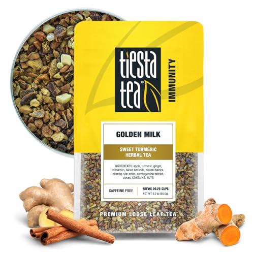 Tiesta Tea - Golden Milk Loose Leaf Sweet Turmeric Herbal Tea Non-Caffeinated Herbal Blend Makes Hot or Iced Up to 20-25 Cups 3oz Resealable Pouch
