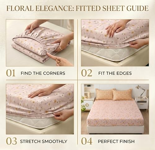 Image of HOMEKART Cotton Contrast Fitted Bedsheet for King Size Bed 72x72+10 Inch with 2 Pillow Covers 17x27 Inch | All Round Elastic | TC 144 Soft, Breathable Floral Printed Bedsheet (Peach Blossom Harmony)