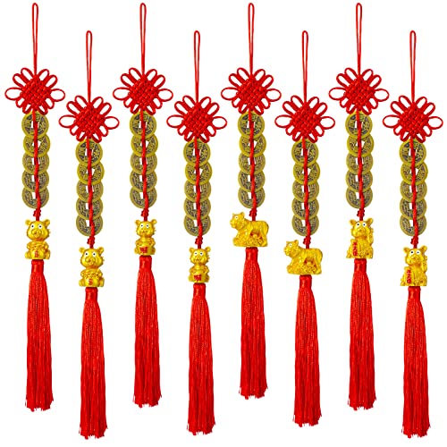8 Pieces 2022 Chinese New Year Decorations Feng Shui Decor 2022 Gold Chinese Year of Tiger Lucky Charms Chinese Knot Coin Hanging Decoration for Good Luck Wealth Fortune Success Home Decoration