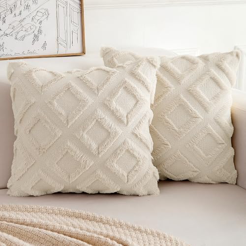 TOCOMOA 2er Set Boho Kissenbezug 40x40 Beige - Flauschig Zierkissen Kissenbezüge in Wolle, Dekorative Sofakissen Kissenhülle aus Polyester, Dekokissen Bezug für Sofa Schlafzimmer