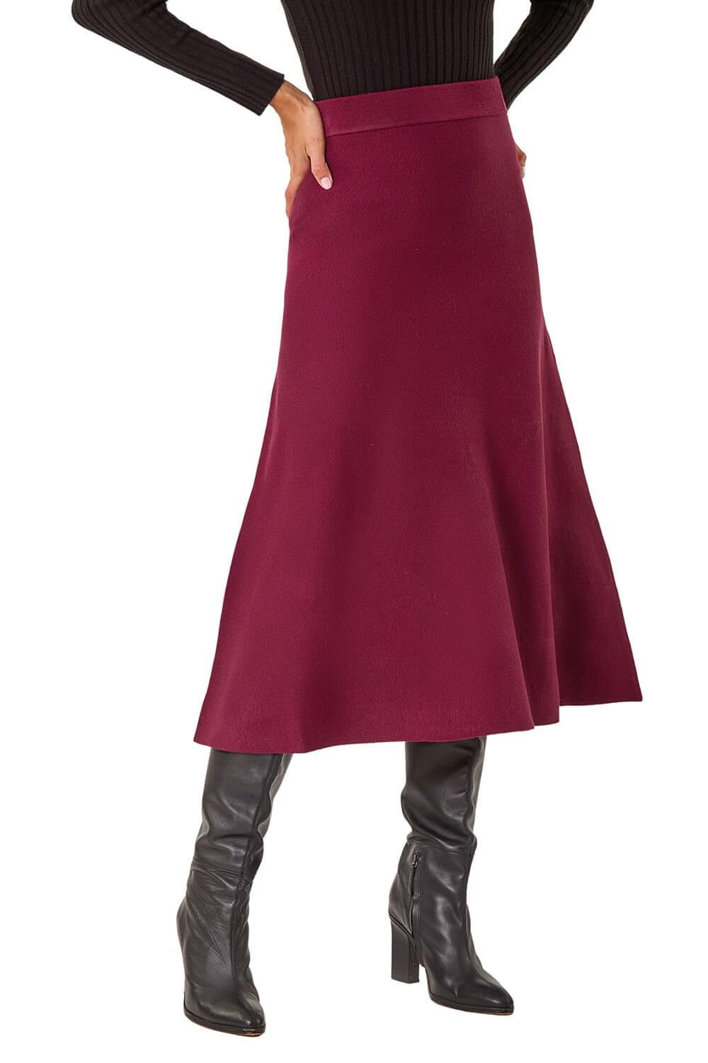 Roman Women's Wine Plain Elastic Waist Knitted A Line Midi Skirt In | Size: 16