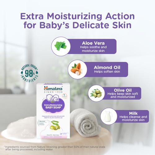 Image of Himalaya Extra Moisturizing Baby Soap for Dry Skin | B3G1-125g Helps Lock In Moisture With Aloe-Milk Moisture Complex of Almond & Olive Oil | Clinically Tested | No. 1 Doctor Recommended Brand