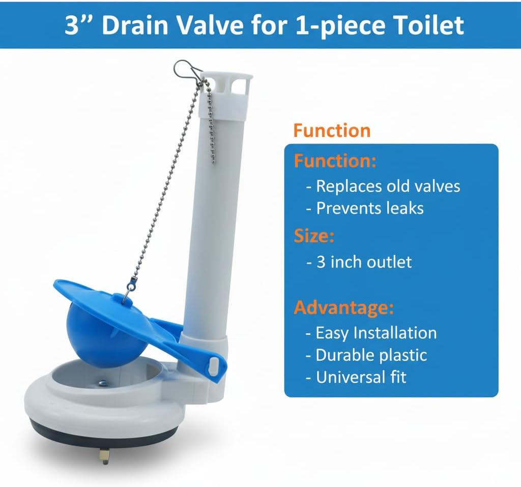 Toilet Replacement Parts,Toilet Flush Valve Assembly for One-Piece Toilets with Flapper and Chain 3-Inch Replacement Parts, Repair Kit, Easy Install