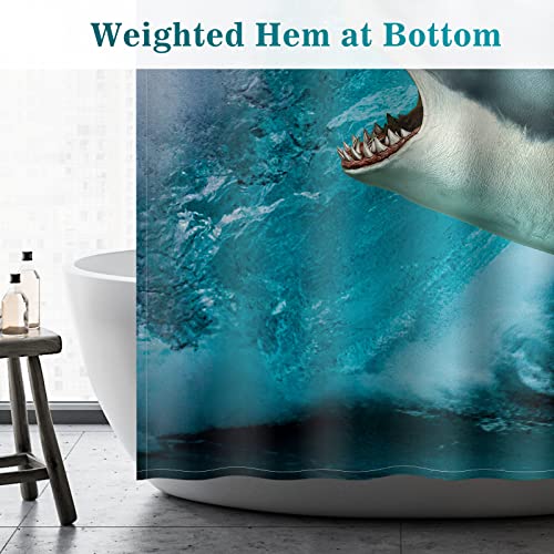 Image of Aimego Long Funny Shower Curtain - Cute Crazy Cat Riding Shark Ocean Fun Fabric Cloth Shower Curtain Set with 12 Hooks for Adults Bathroom Decor Accessories Bath Curtain, 72 inchx78 inch, Blue Red