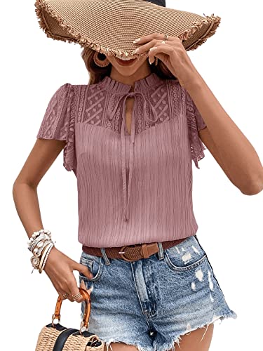 GORGLITTER Spitzen Blusen Damen Elegant Bluse Mit Schleife Kurzarm Bluse...