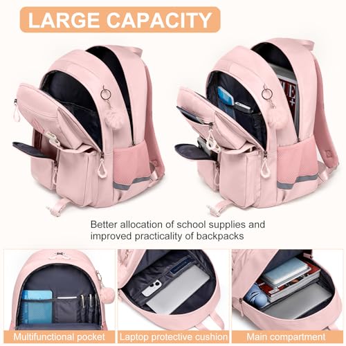 Image of School Backpack for Teen Girls, Cute College Backpacks for Kids Students | Bookbag Fit 15.6 Inch Laptop Bag, Primary Middle School Backpacks, Pink