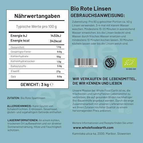 Wholefood Earth Bio-Rotgespaltene Linsen 3kg | GVO-frei | Vegan | Ballaststoffreich | Proteinreich | Zertifiziert biologisch