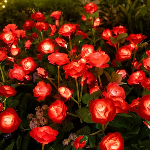 Image of Anordsem Solar Garden Lights Outdoor: Waterproof Fabric Roses - Red LED Flower Decorations for Yard Patio Path Cemetery Grave - Birthday Gifts for Women Mom Wife - 6 Pack Red