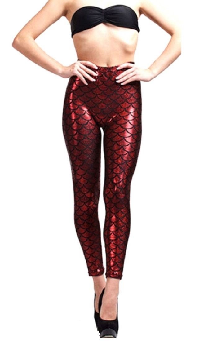 Hamishkane New Ladies Mermaid Fish Scale Print Slim Fit Shiny Disco Metallic Leggings Pants Red