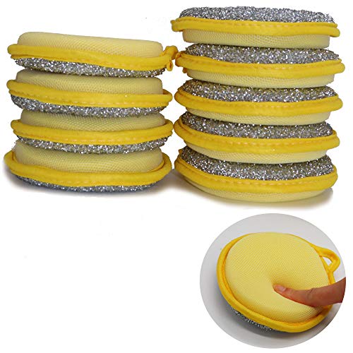 CAMSTIC Dual Action Kitchen Cleaning Microfiber Scouring Scrubber, Round Dish Washing Sponge, 10 Pack (Yellow)