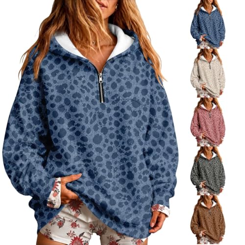 Oversized Sweatshirt for Women Half Zip Casual Cheetah Pattern Baggy Top